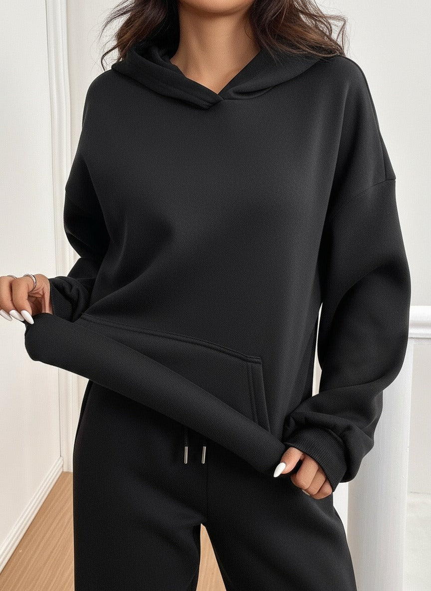 ARENIVA - Deep Black Colour Women's Comfortable Hoodie Co-Ord Set