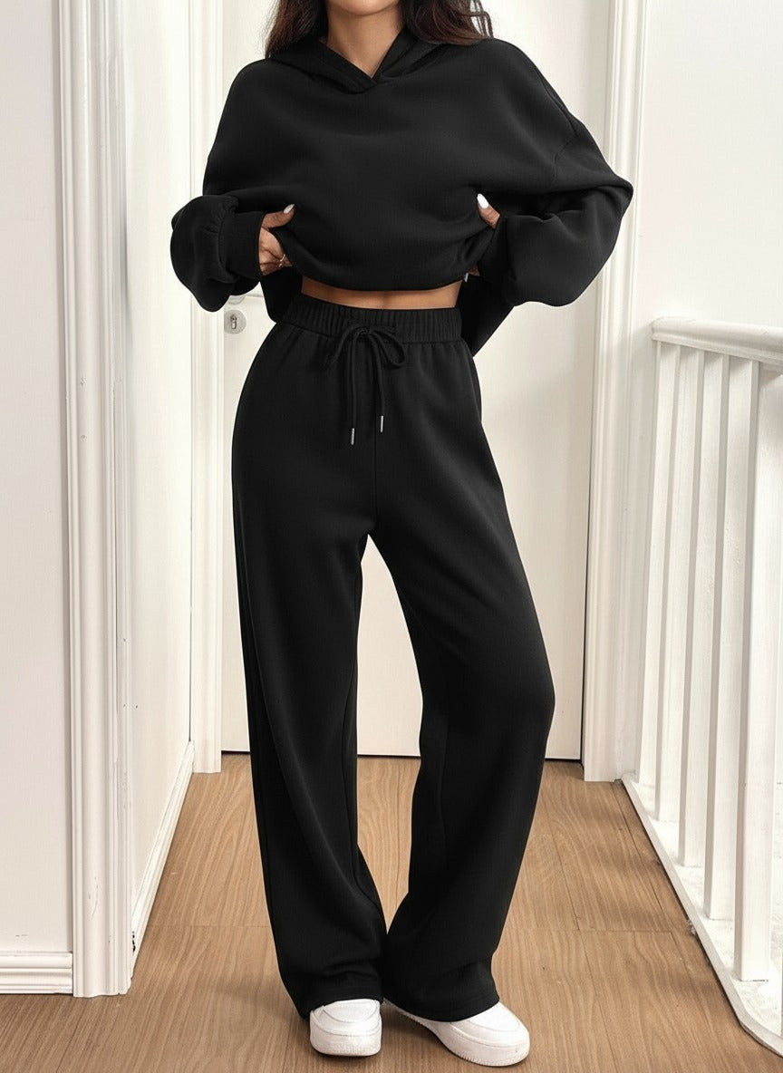 ARENIVA - Deep Black Colour Women's Comfortable Hoodie Co-Ord Set