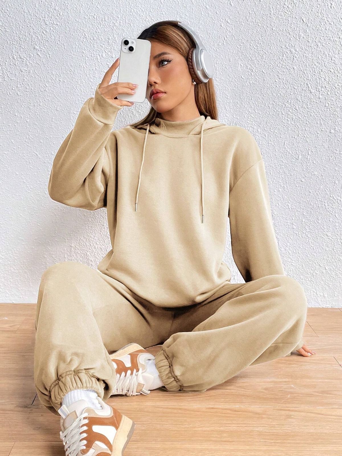 Wood Brown Colour Women's Comfortable Hoodie Co-Ord Set with Graphic Print