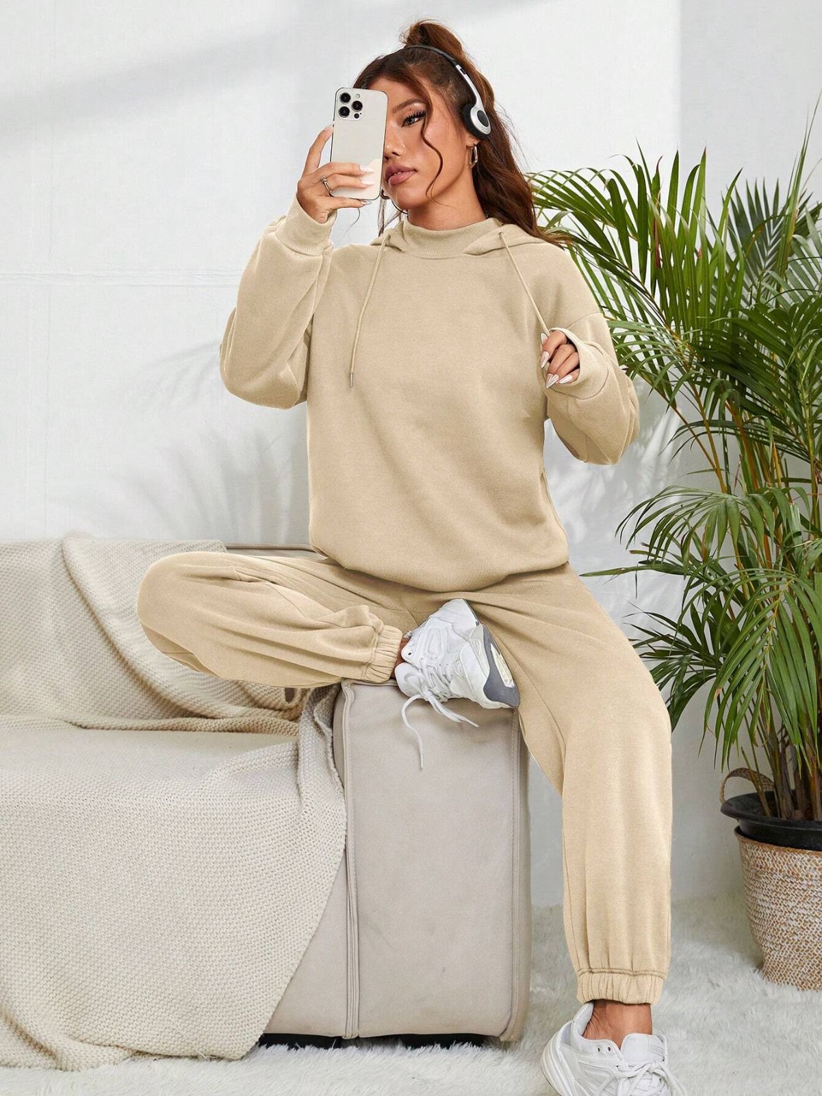 Wood Brown Colour Women's Comfortable Hoodie Co-Ord Set with Graphic Print