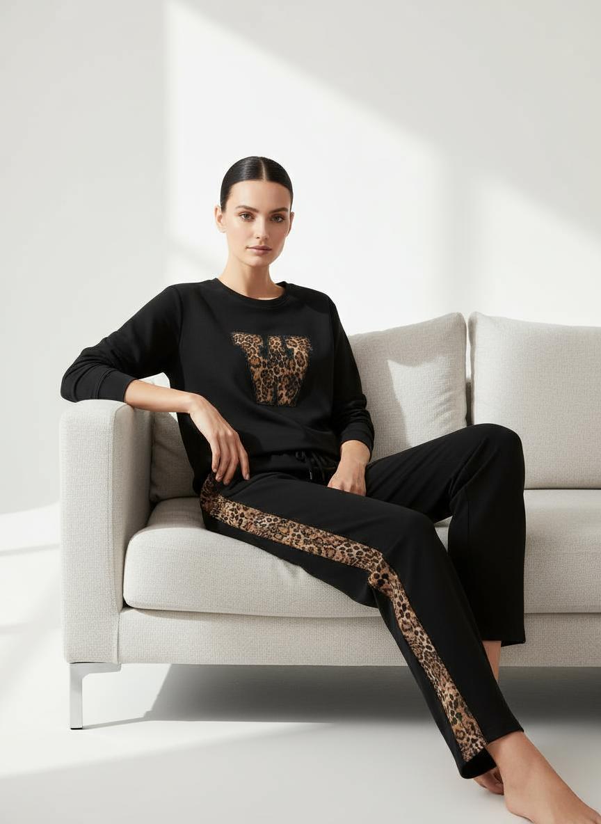 Deep Black Colour Women's Co-Ord Set with Leapord Print