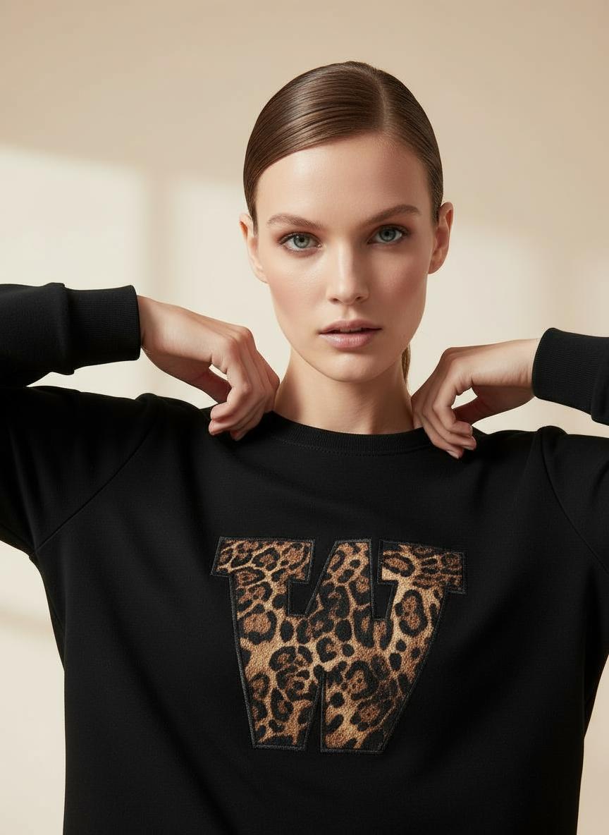 Deep Black Colour Women's Co-Ord Set with Leapord Print