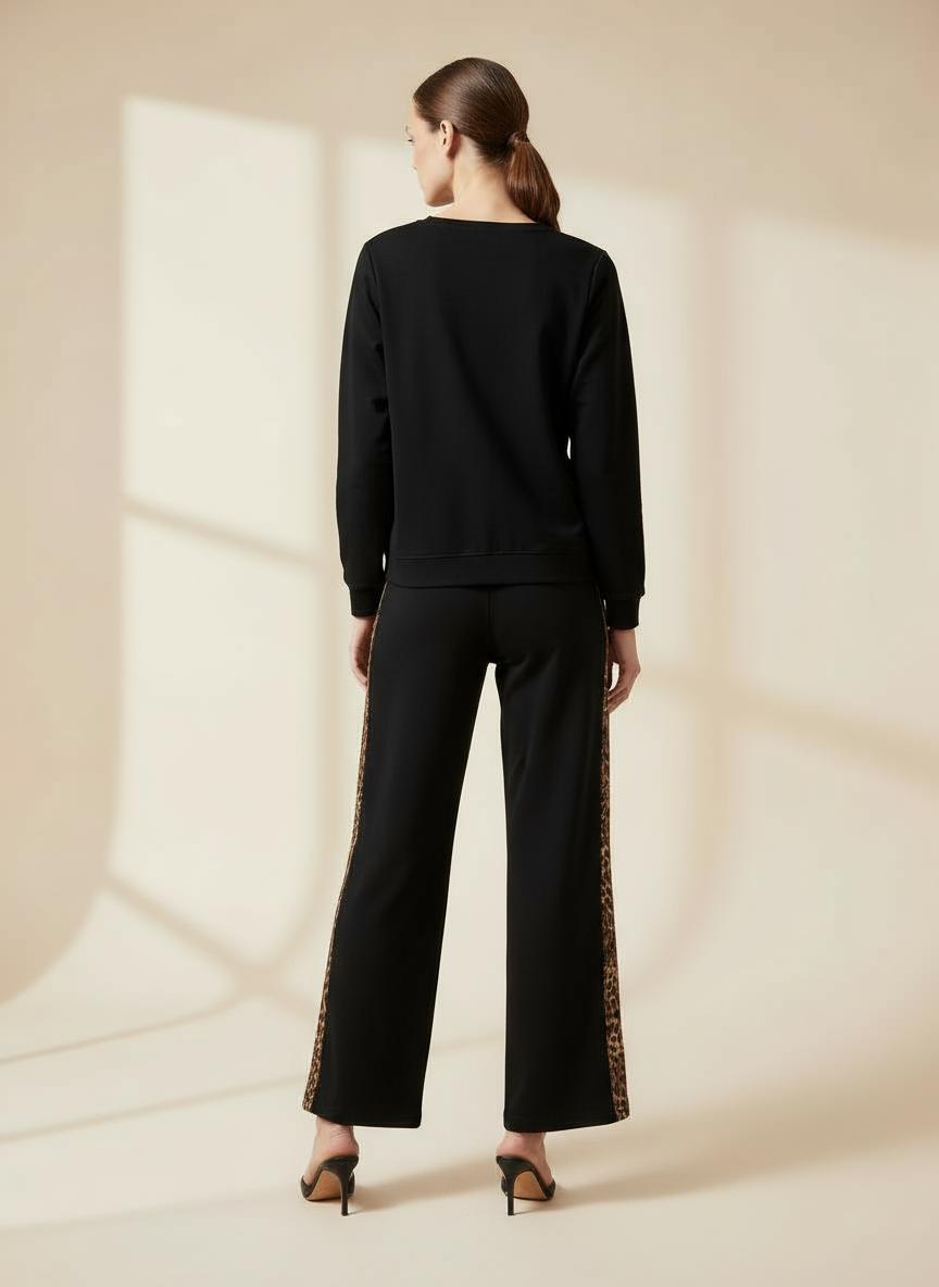 Deep Black Colour Women's Co-Ord Set with Leapord Print