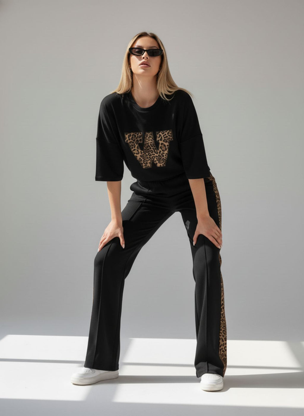 ARENIVA - Deep Black Colour Women's Comfortable Co-Ord Set with Leopard Print