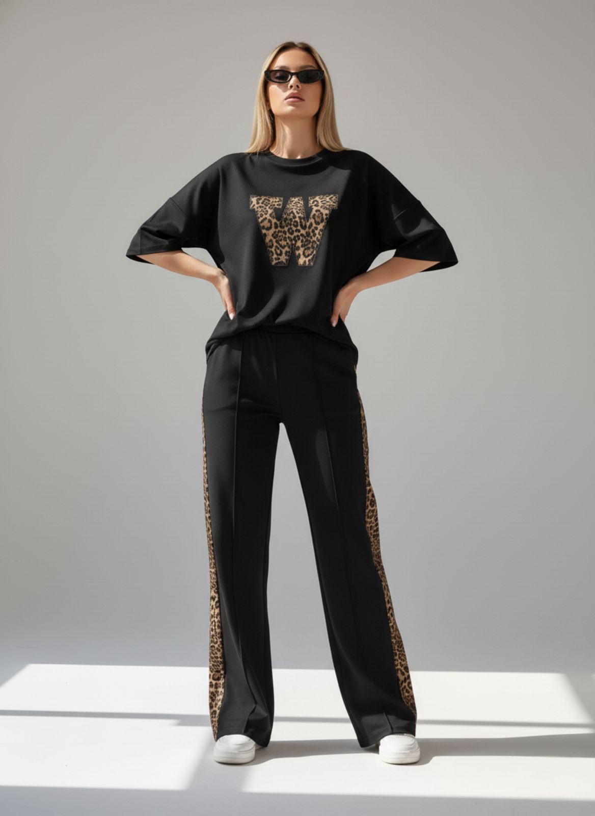 ARENIVA - Deep Black Colour Women's Comfortable Co-Ord Set with Leopard Print