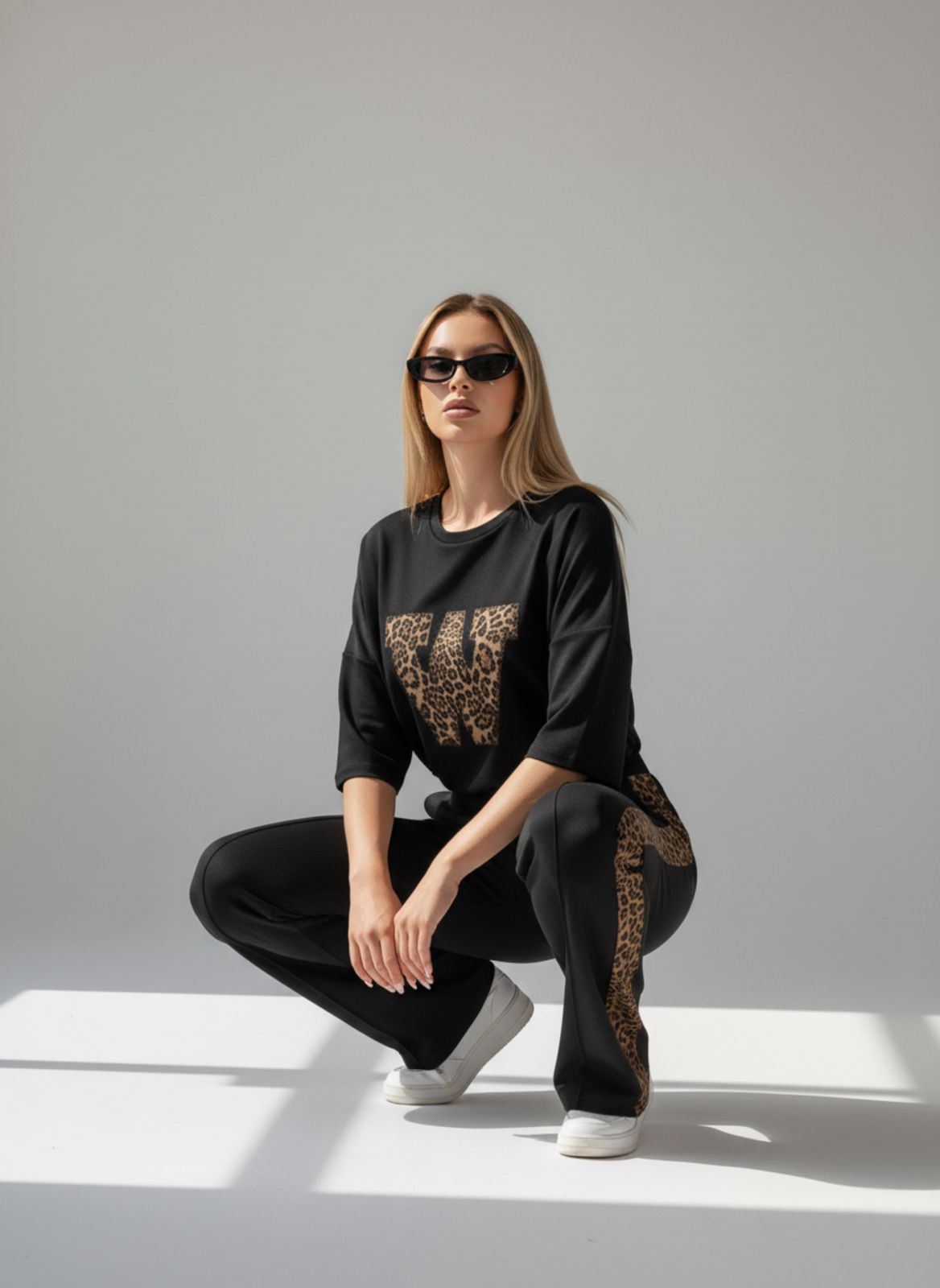 ARENIVA - Deep Black Colour Women's Comfortable Co-Ord Set with Leopard Print