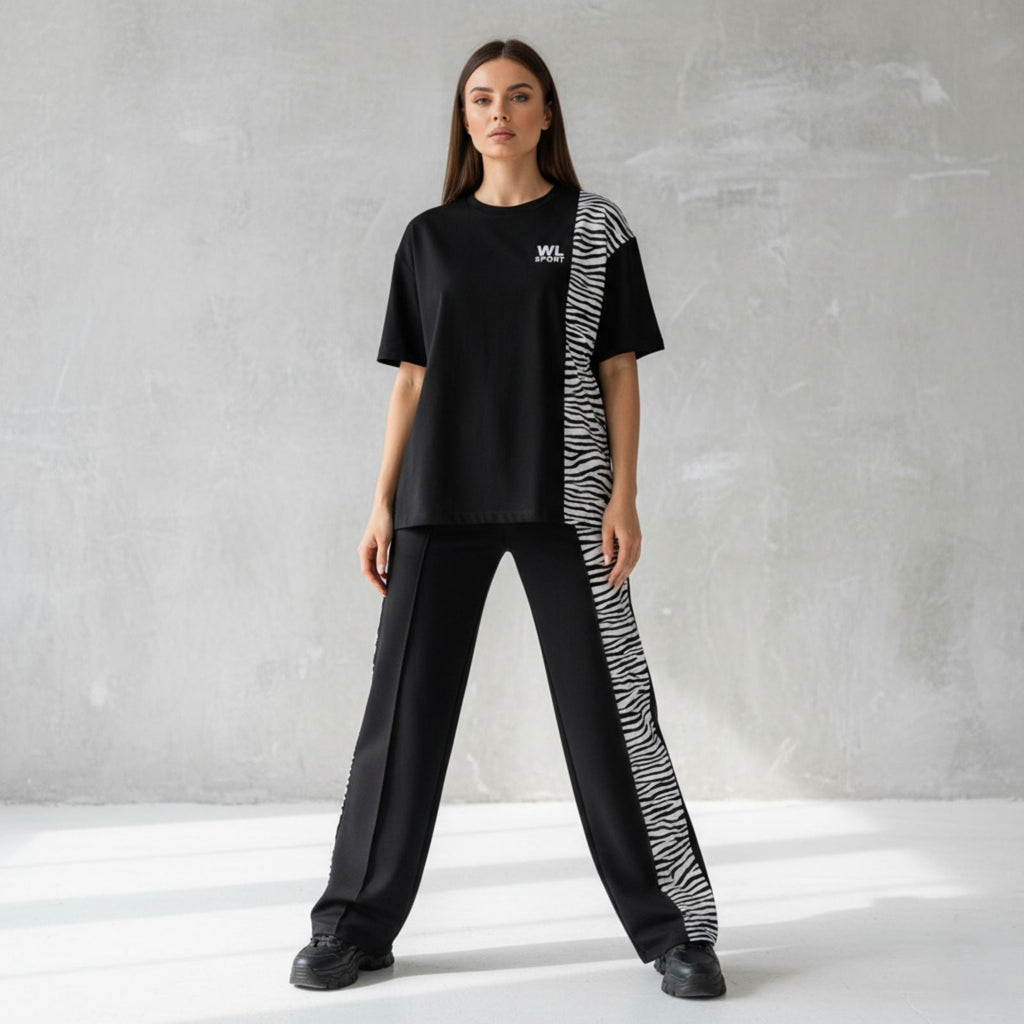 ARENIVA - Black Colour Women's Co-Ord Set with Zebra Print