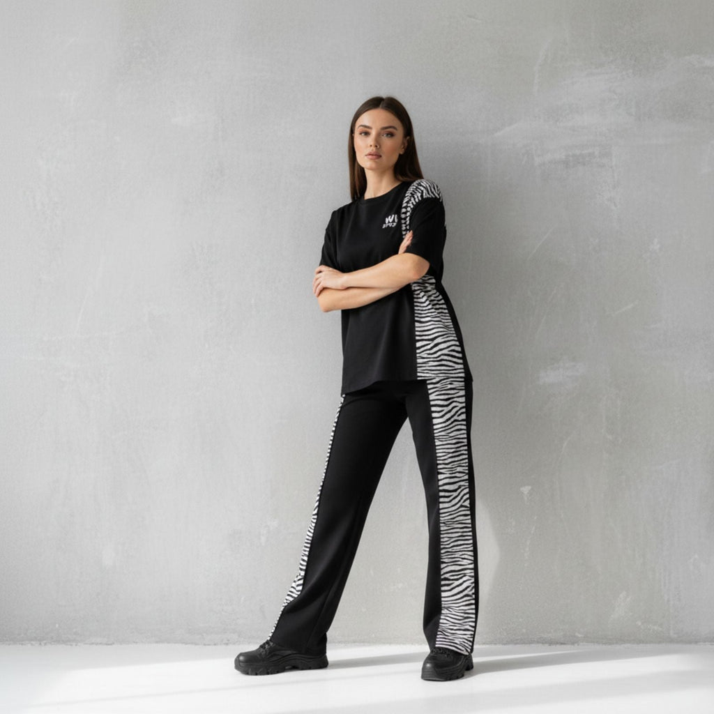 ARENIVA - Black Colour Women's Co-Ord Set with Zebra Print