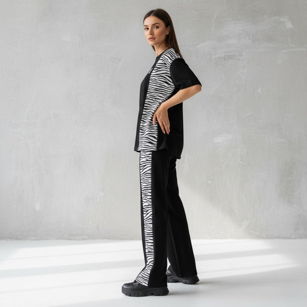 ARENIVA - Black Colour Women's Co-Ord Set with Zebra Print