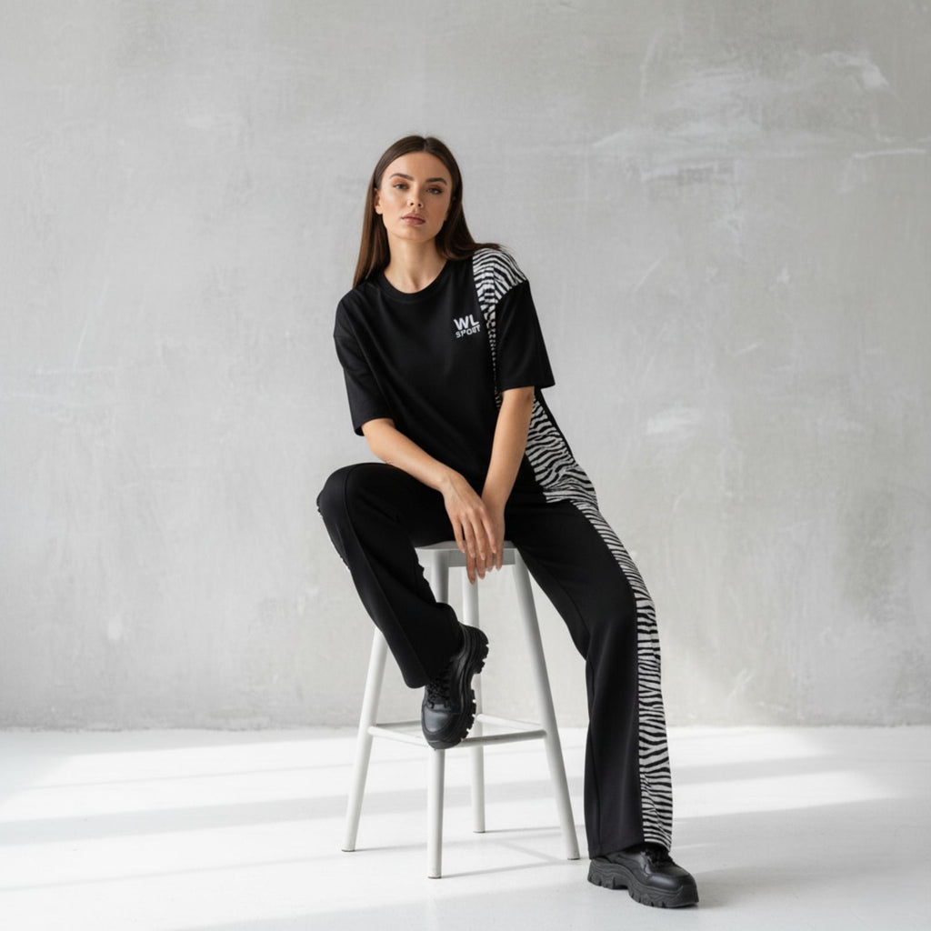 ARENIVA - Black Colour Women's Co-Ord Set with Zebra Print