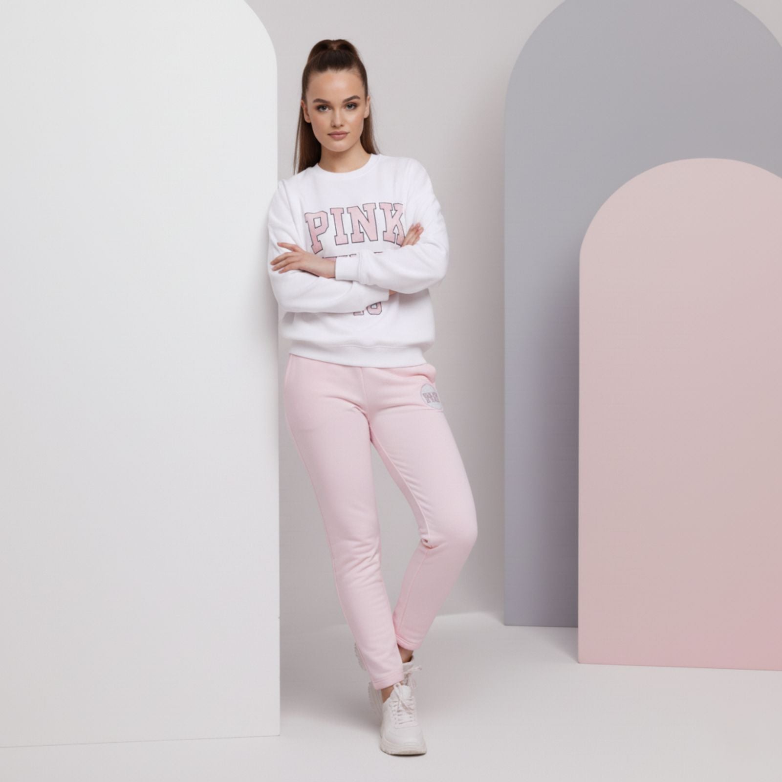 'Pink Club' Baby Pink Colour Women's Co-Ord Set with Fleece