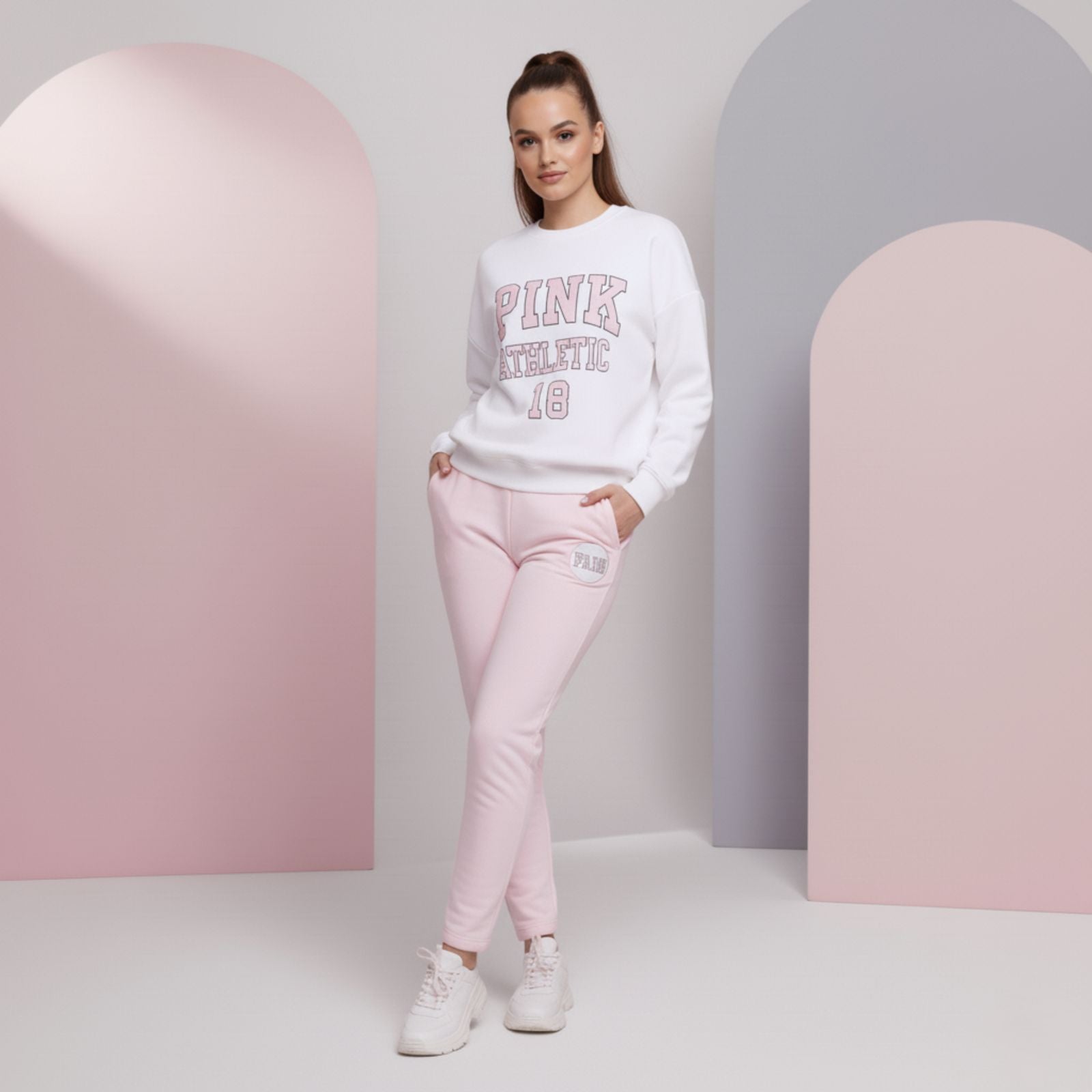 'Pink Club' Baby Pink Colour Women's Co-Ord Set with Fleece