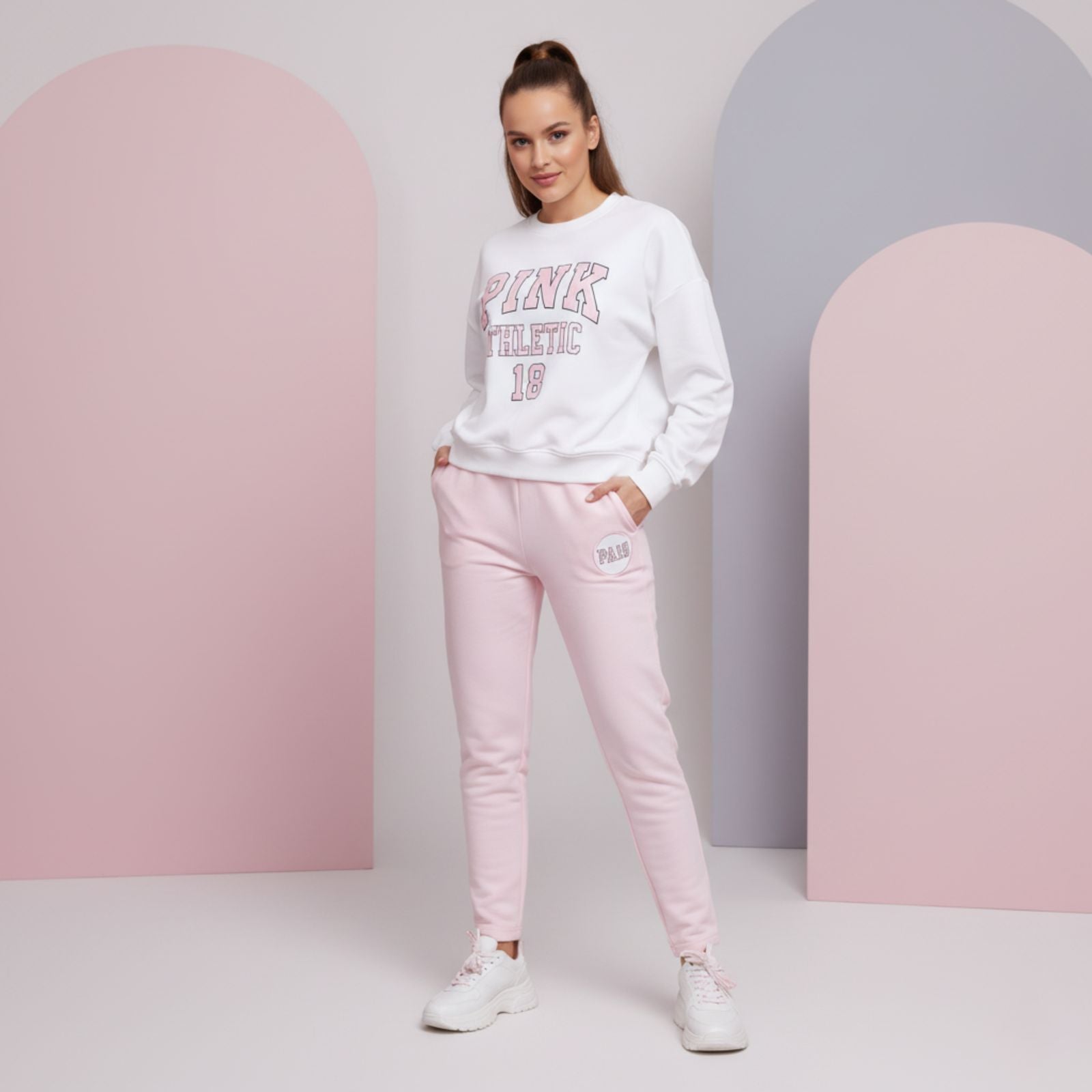 'Pink Club' Baby Pink Colour Women's Co-Ord Set with Fleece