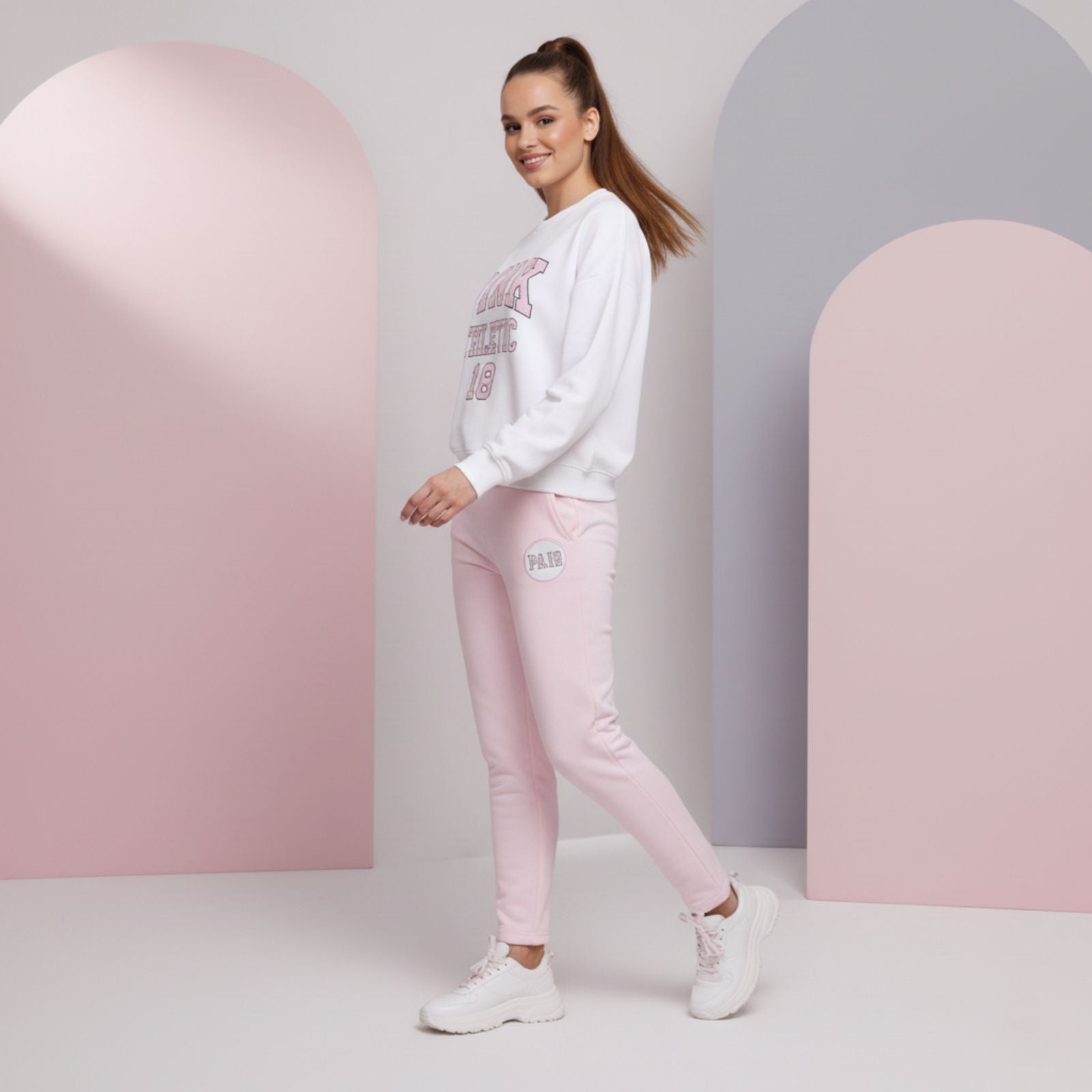 'Pink Club' Baby Pink Colour Women's Co-Ord Set with Fleece