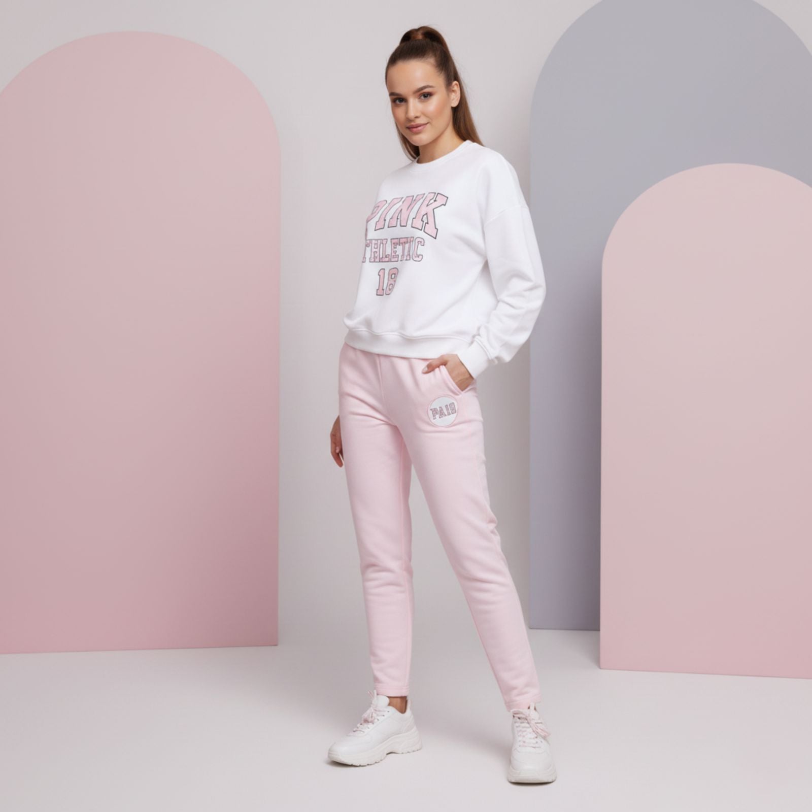 'Pink Club' Baby Pink Colour Women's Co-Ord Set with Fleece