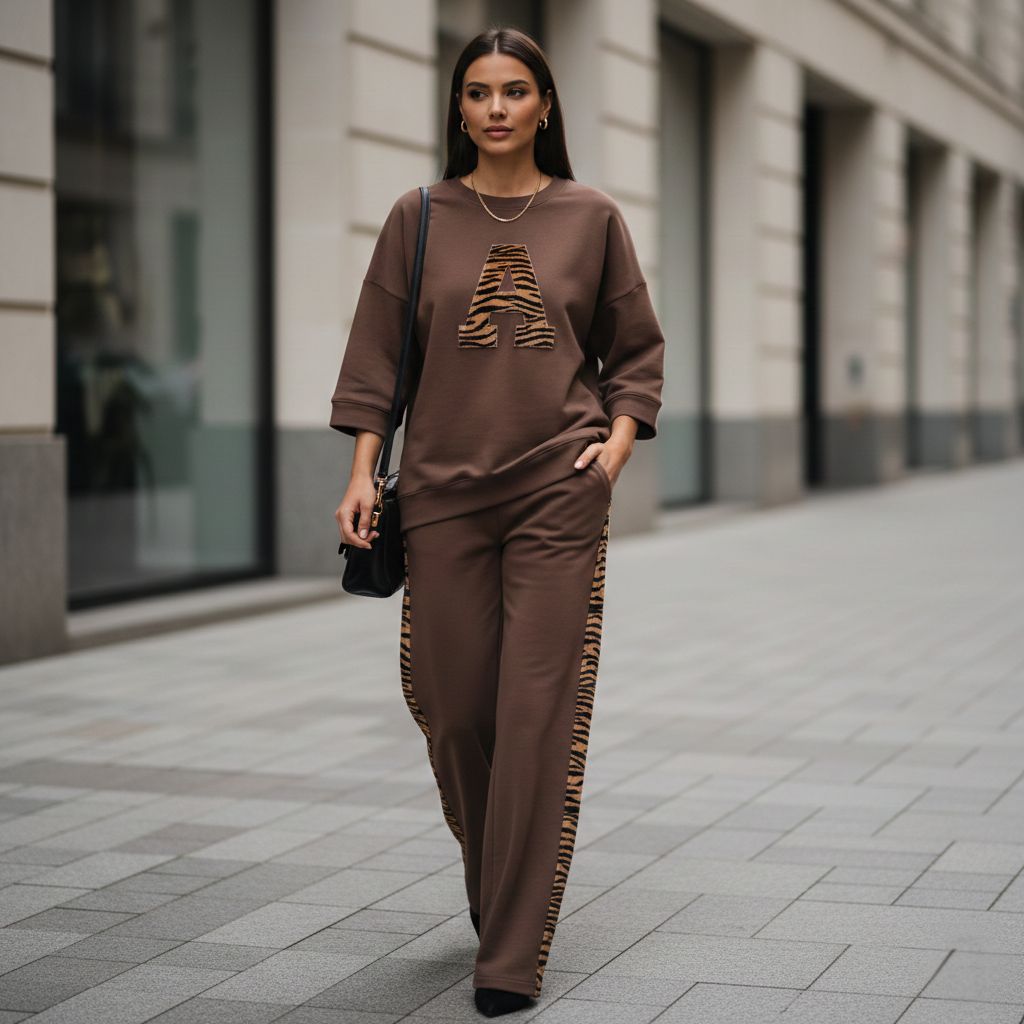 Deep Brown Colour Women's Co-Ord Set with Leapord Print