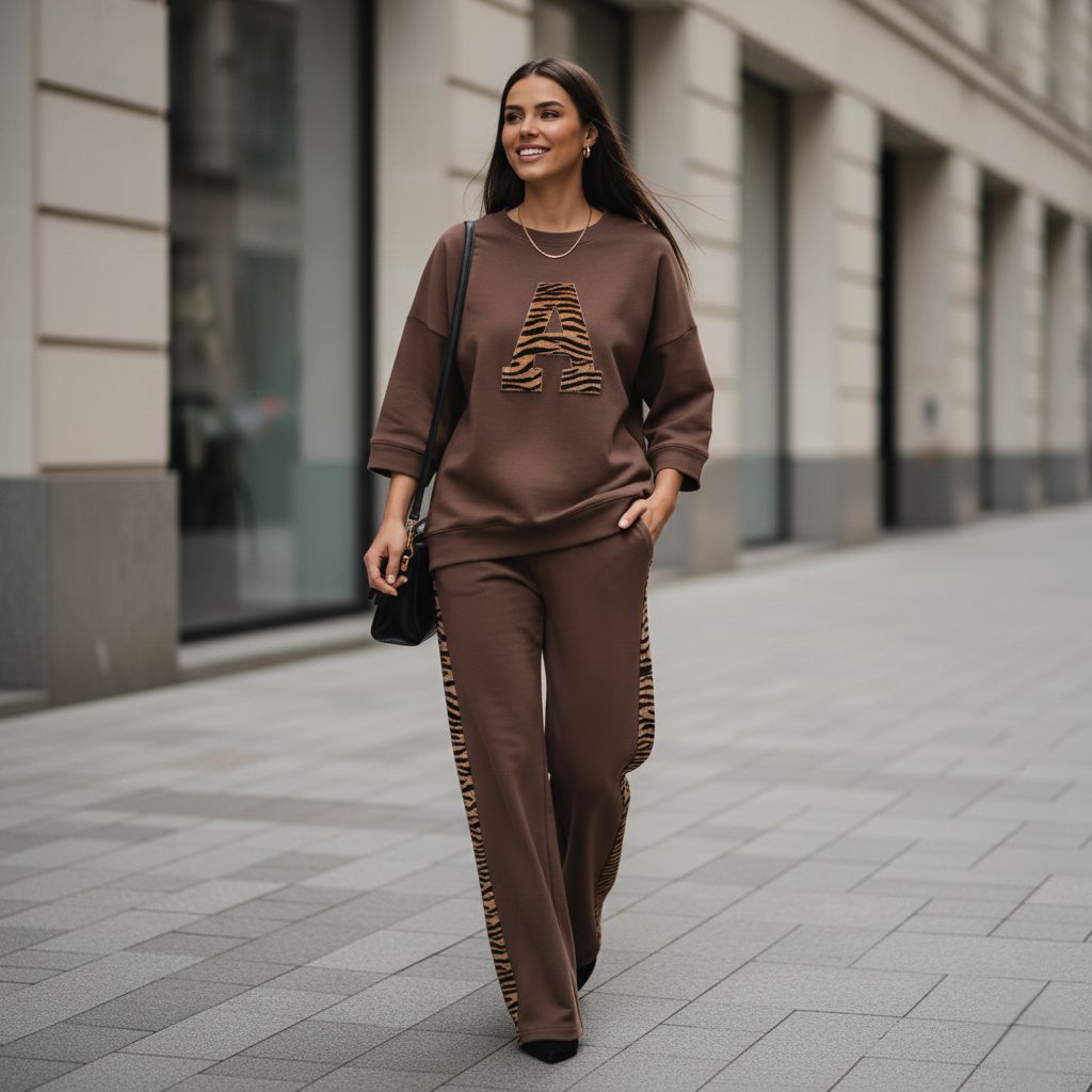 Deep Brown Colour Women's Co-Ord Set with Leapord Print