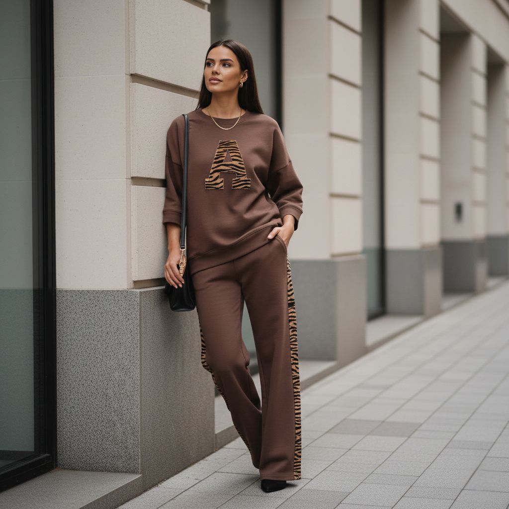 Deep Brown Colour Women's Co-Ord Set with Leapord Print