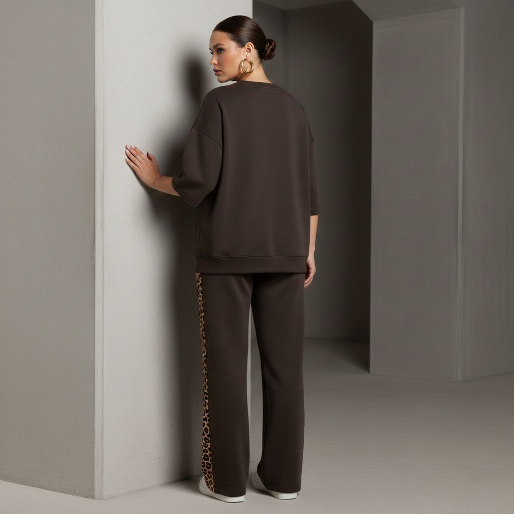 Chocolate Brown Colour Women's Co-Ord Set with Leopard Print
