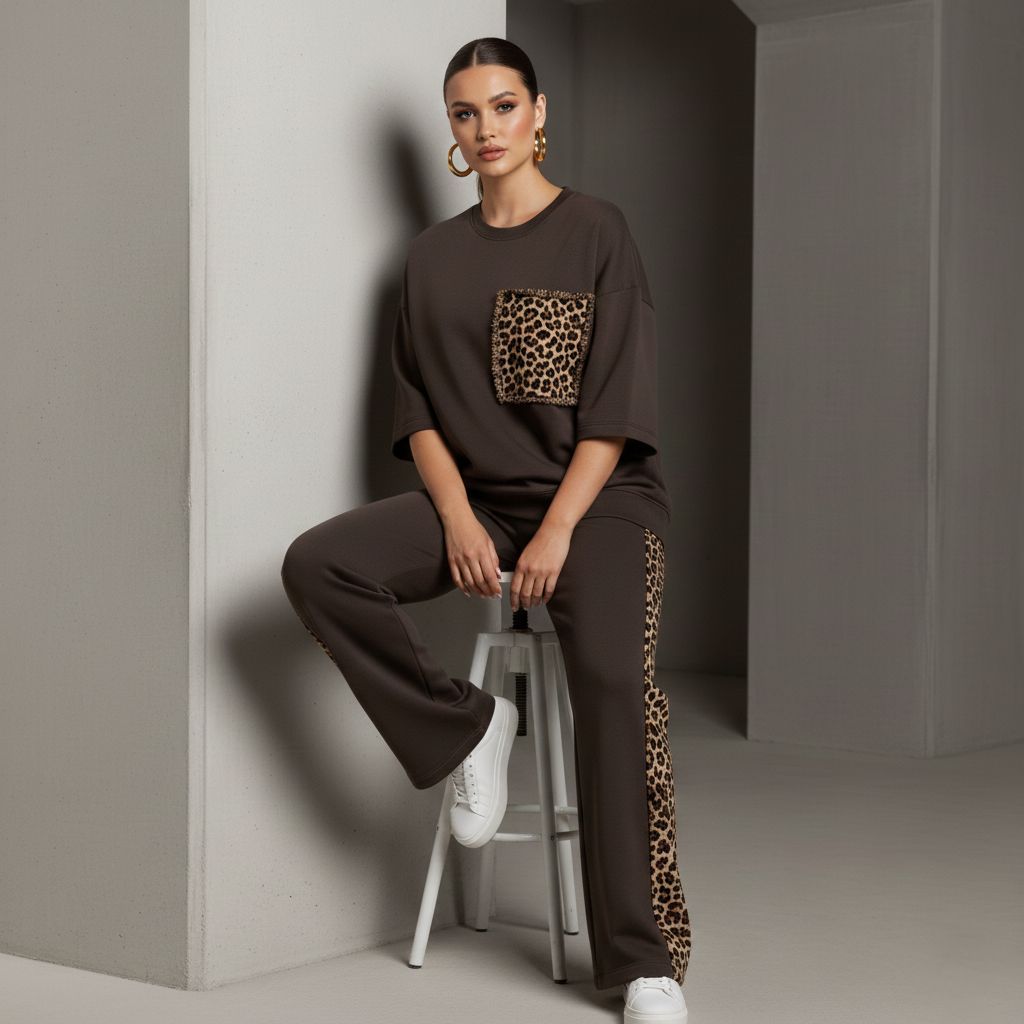 Chocolate Brown Colour Women's Co-Ord Set with Leopard Print