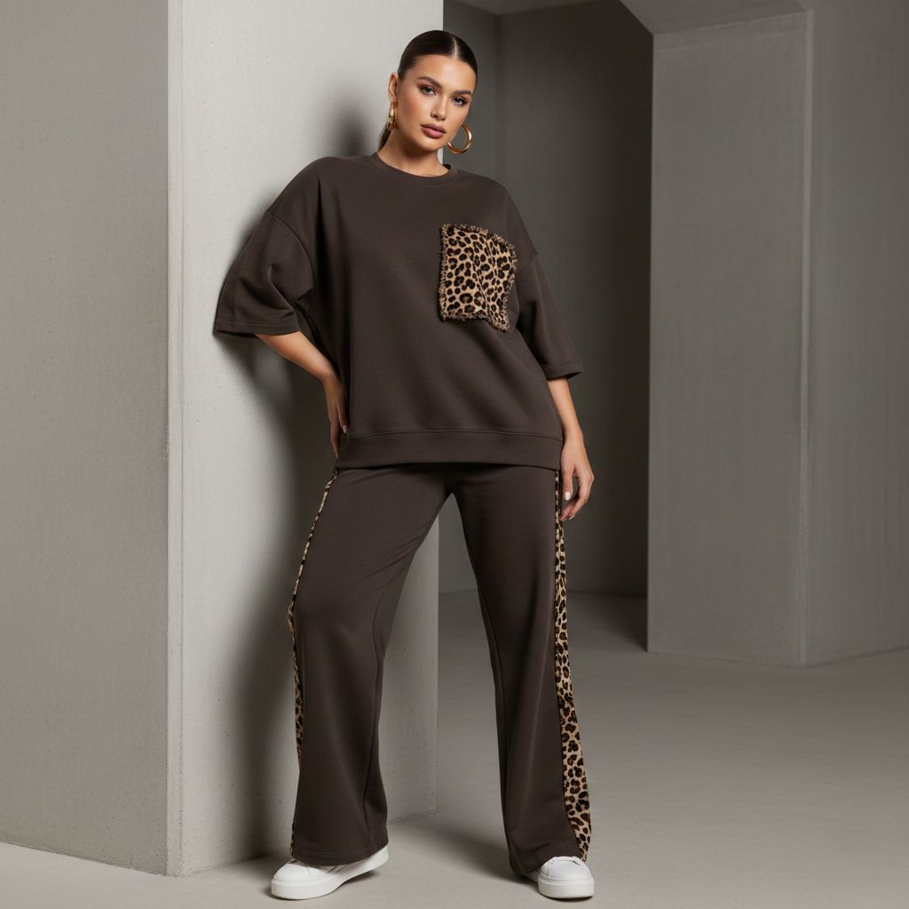 Chocolate Brown Colour Women's Co-Ord Set with Leopard Print