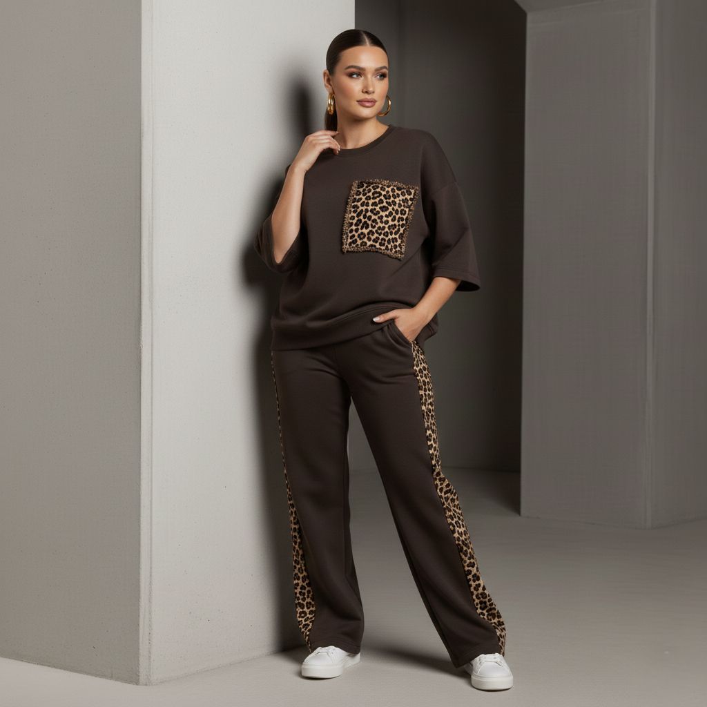 Chocolate Brown Colour Women's Co-Ord Set with Leopard Print