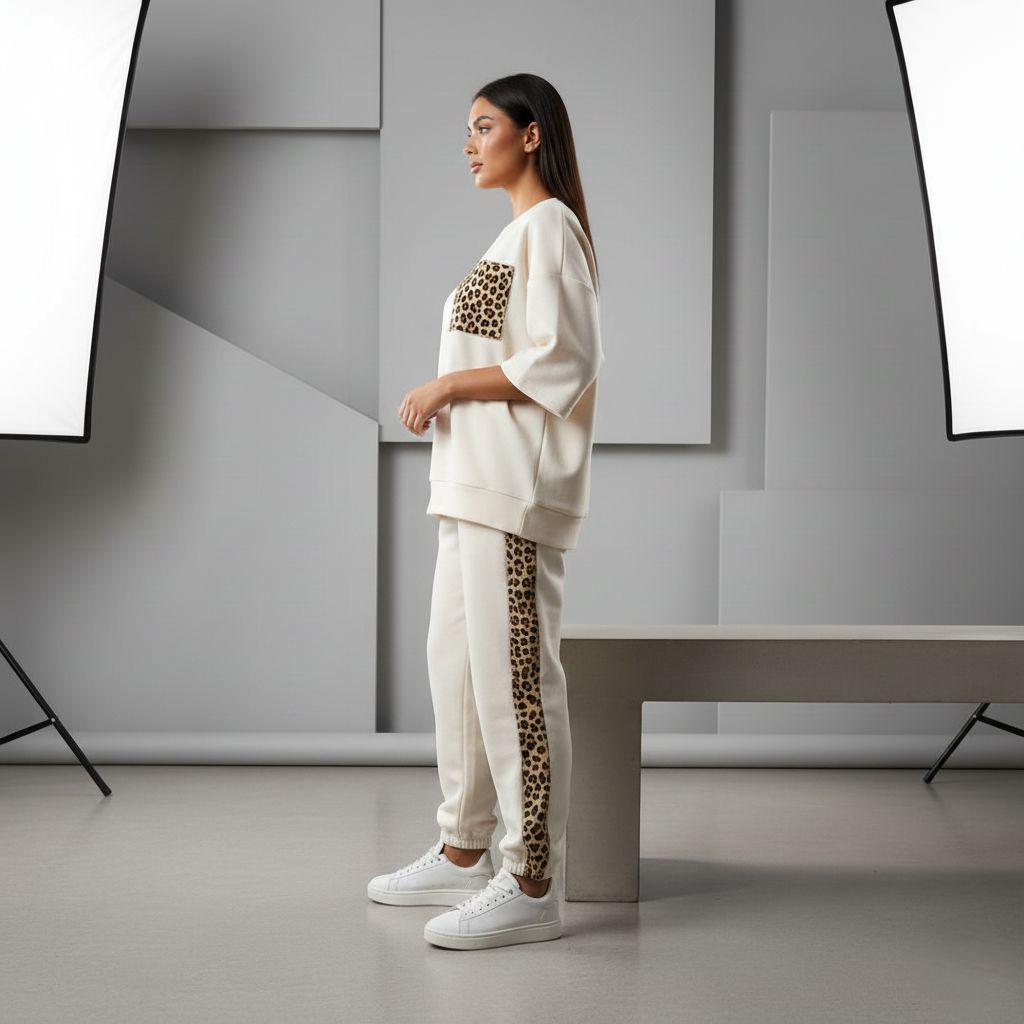 Cloud White Colour Women's Co-Ord Set with Leopard Print