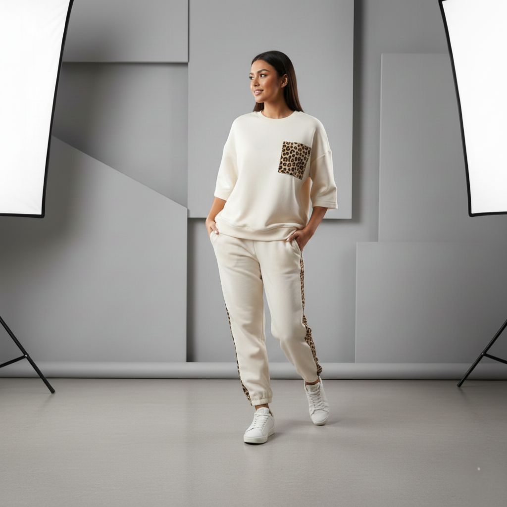 Cloud White Colour Women's Co-Ord Set with Leopard Print