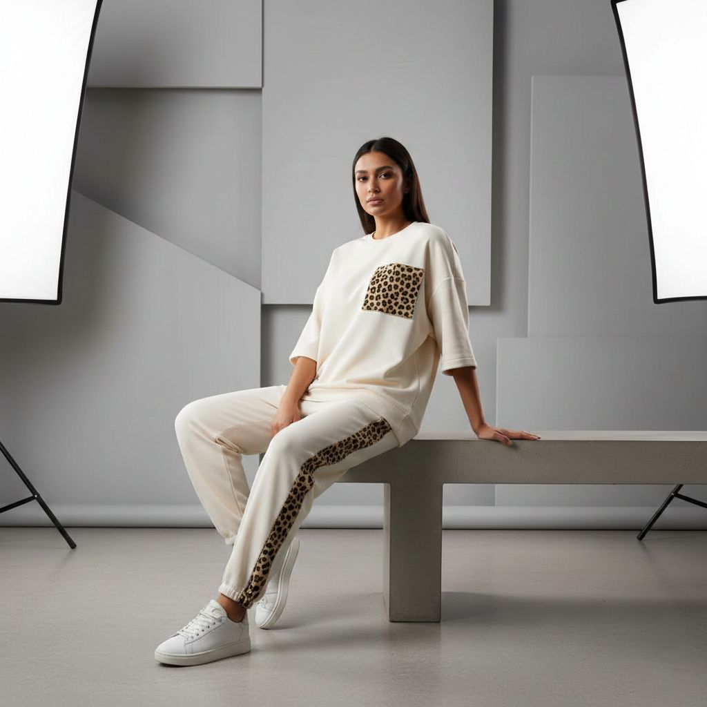 Cloud White Colour Women's Co-Ord Set with Leopard Print