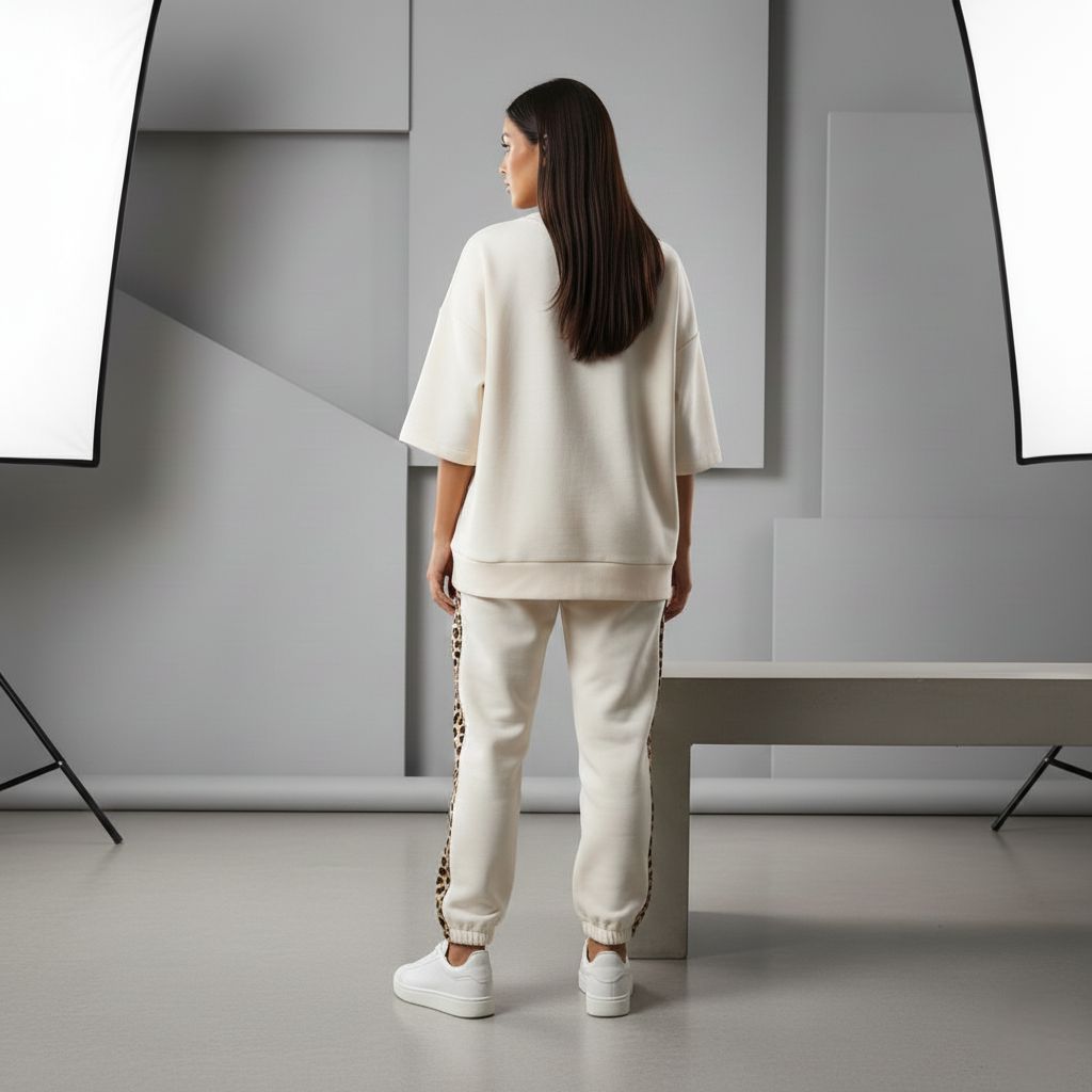 Cloud White Colour Women's Co-Ord Set with Leopard Print