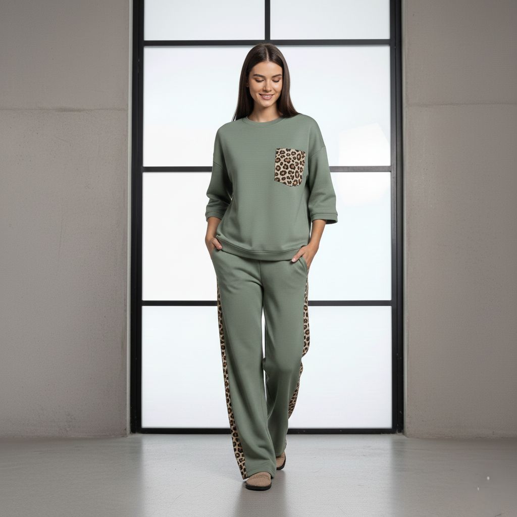 Sage Green Colour Women's Co-Ord Set with Leopard Print