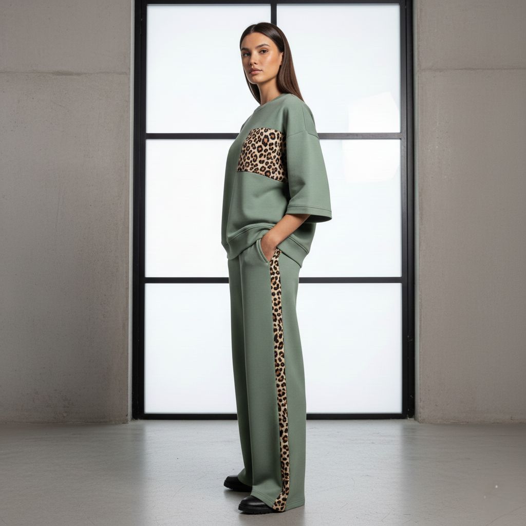 Sage Green Colour Women's Co-Ord Set with Leopard Print