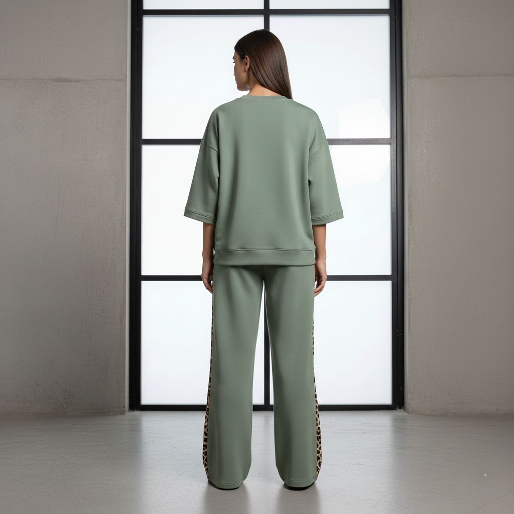 Sage Green Colour Women's Co-Ord Set with Leopard Print