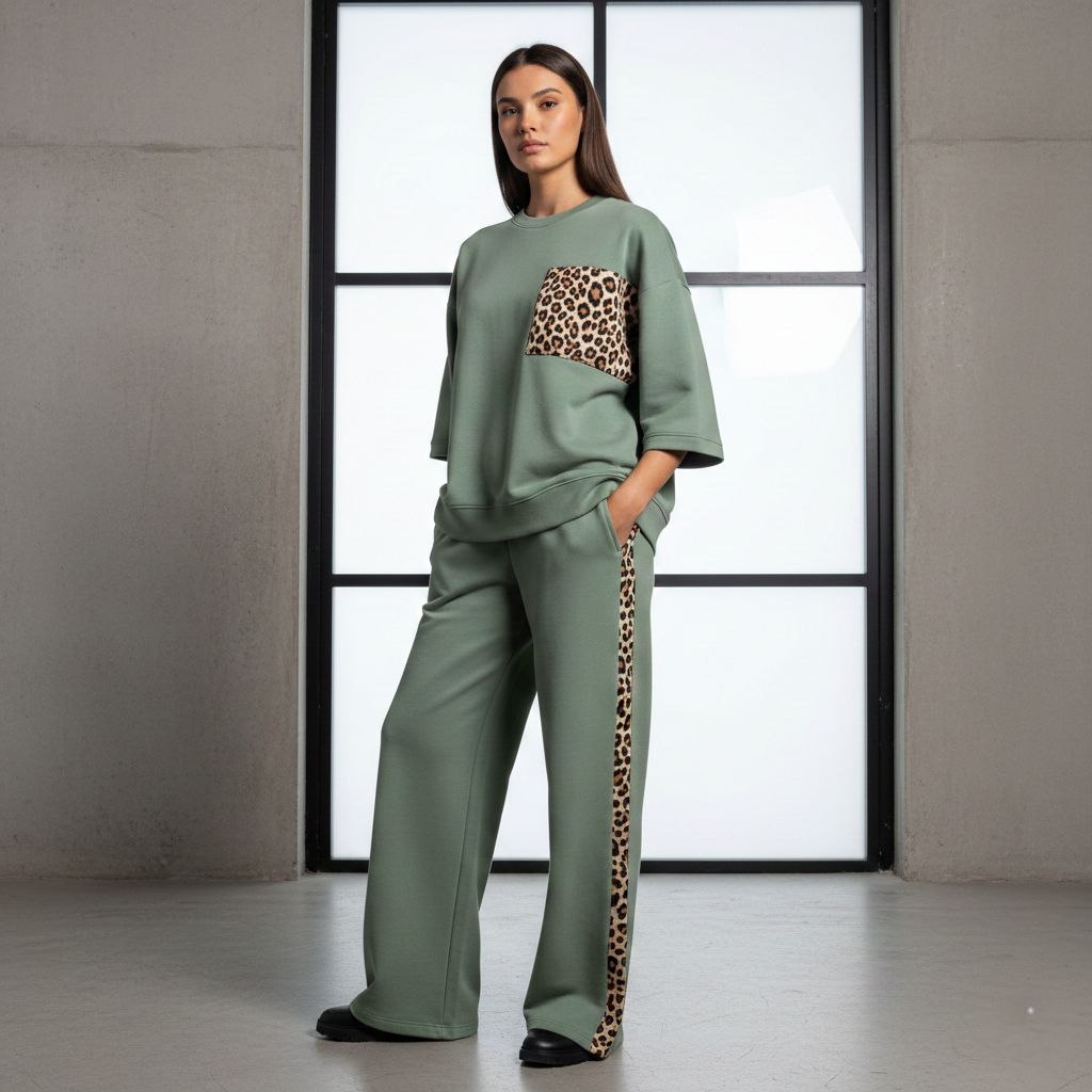 Sage Green Colour Women's Co-Ord Set with Leopard Print