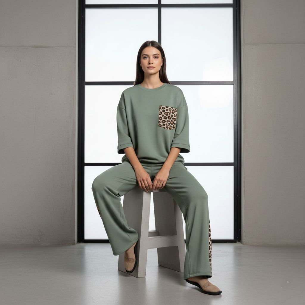 Sage Green Colour Women's Co-Ord Set with Leopard Print