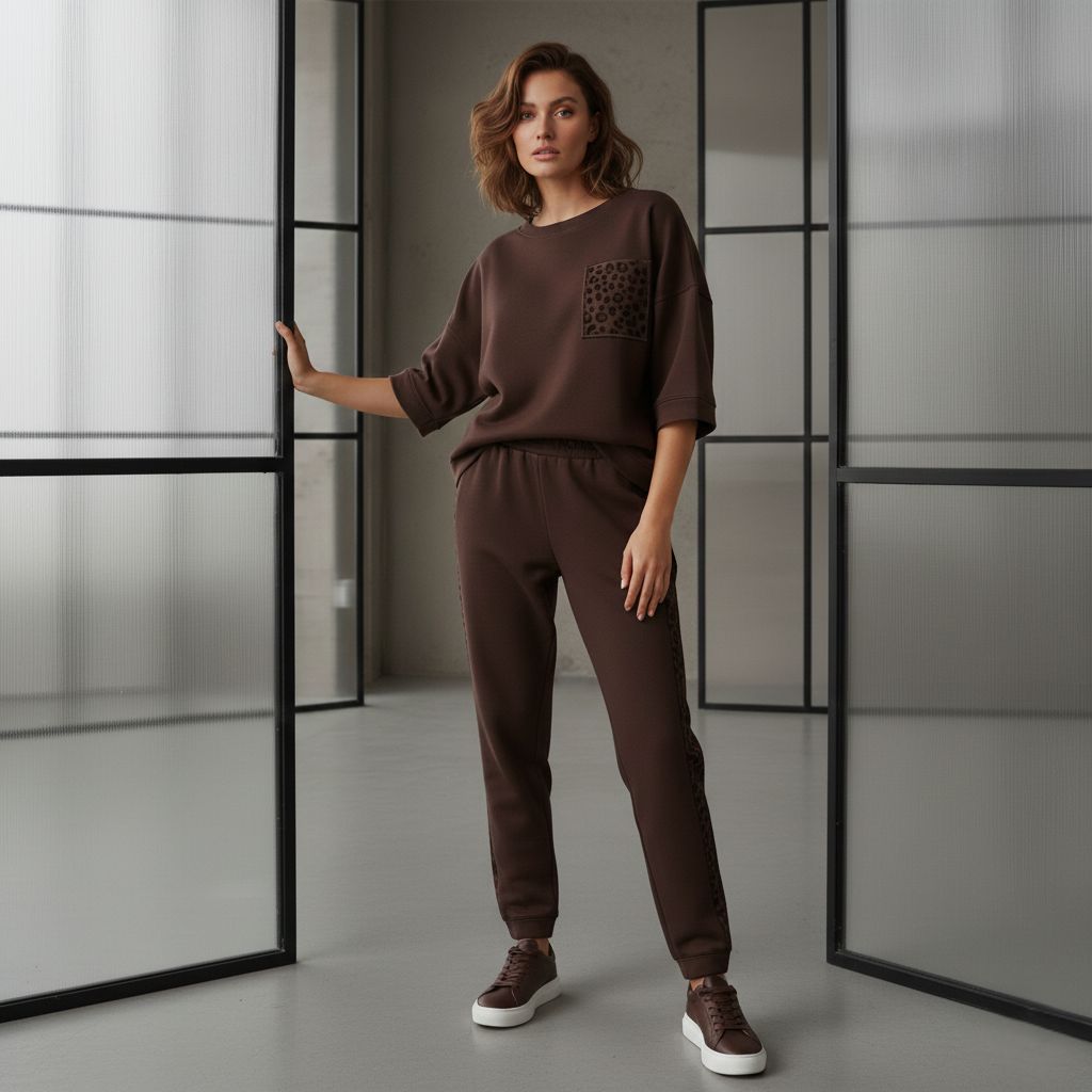 Wood Brown Colour Women's Co-Ord Set with Leopard Print