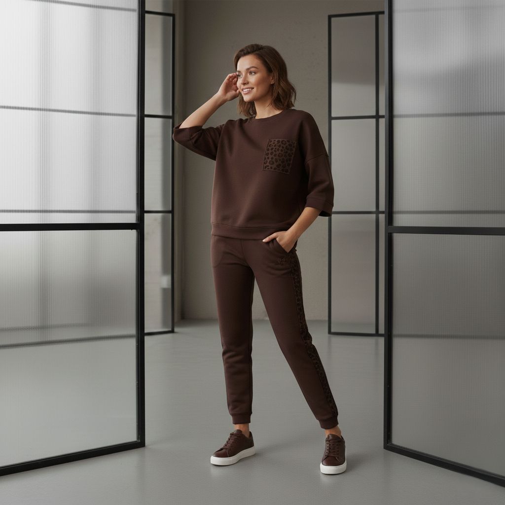 Wood Brown Colour Women's Co-Ord Set with Leopard Print