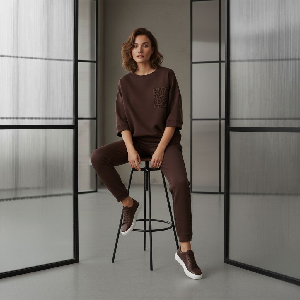 Wood Brown Colour Women's Co-Ord Set with Leopard Print