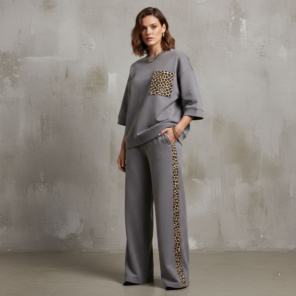 Steel Grey Colour Women's Co-Ord Set with Leapord Print