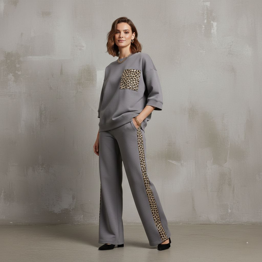 Steel Grey Colour Women's Co-Ord Set with Leapord Print