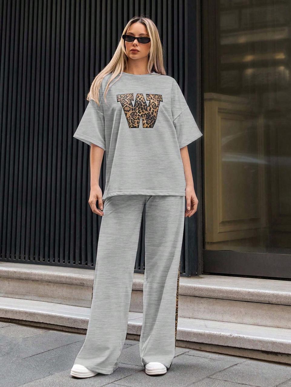 Steel Grey Colour Women's Co-Ord Set with Leapord Print