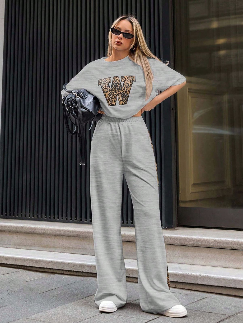 Steel Grey Colour Women's Co-Ord Set with Leapord Print