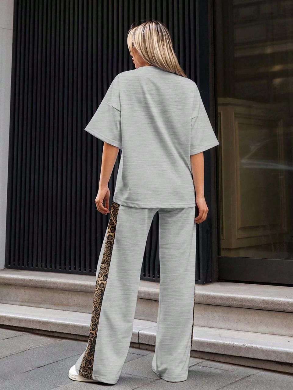 Steel Grey Colour Women's Co-Ord Set with Leapord Print