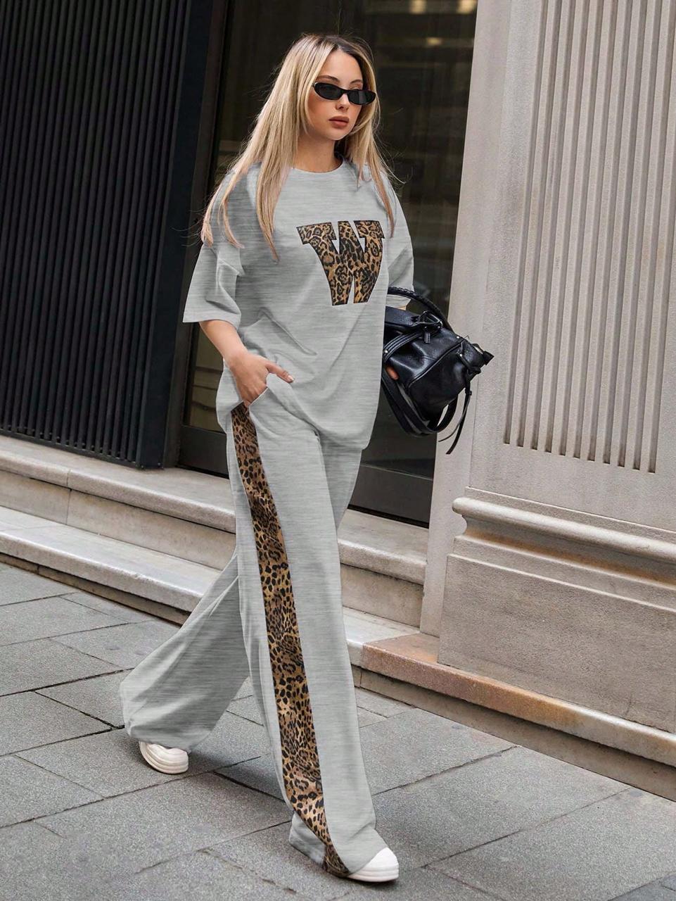 Steel Grey Colour Women's Co-Ord Set with Leapord Print