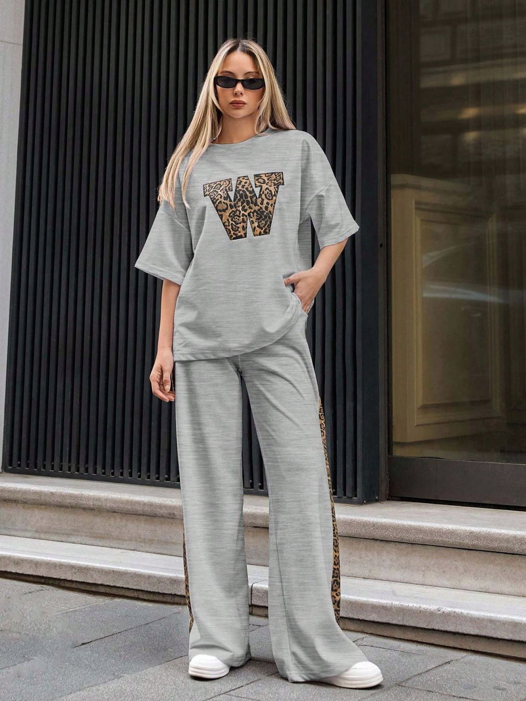 Steel Grey Colour Women's Co-Ord Set with Leapord Print