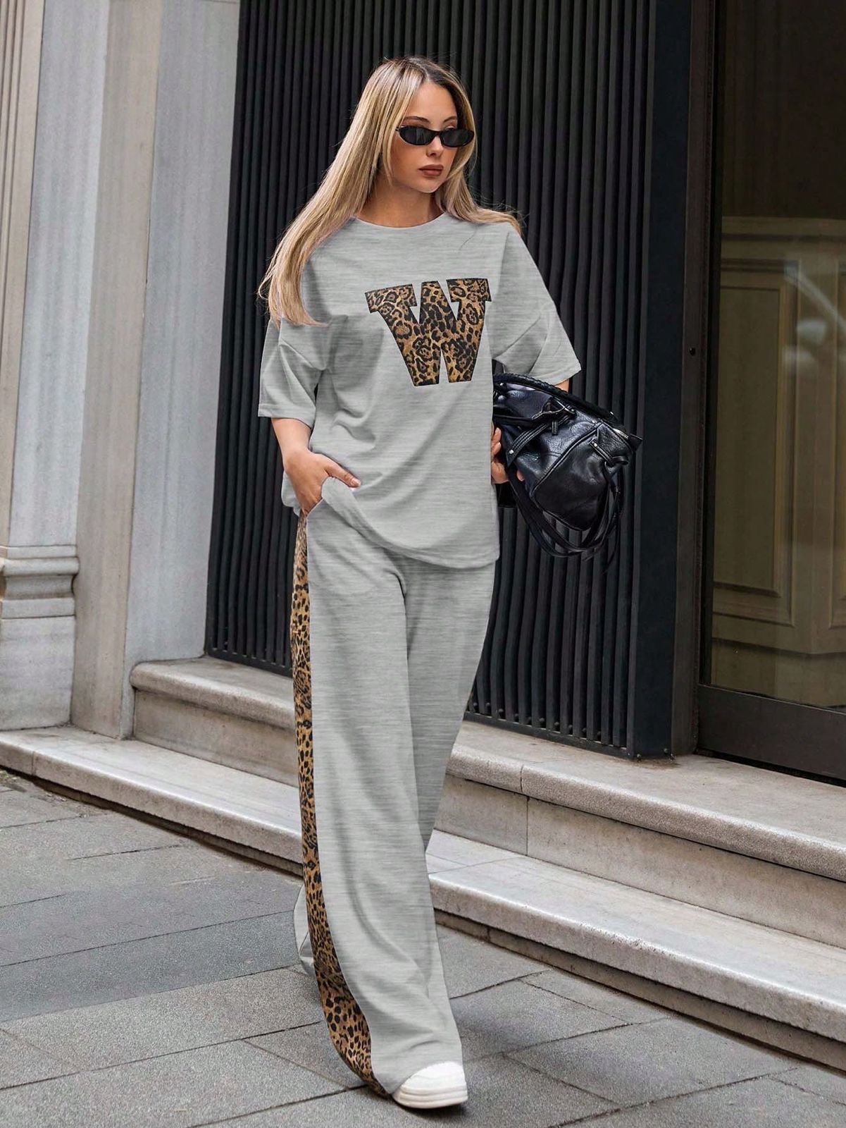 Steel Grey Colour Women's Co-Ord Set with Leapord Print