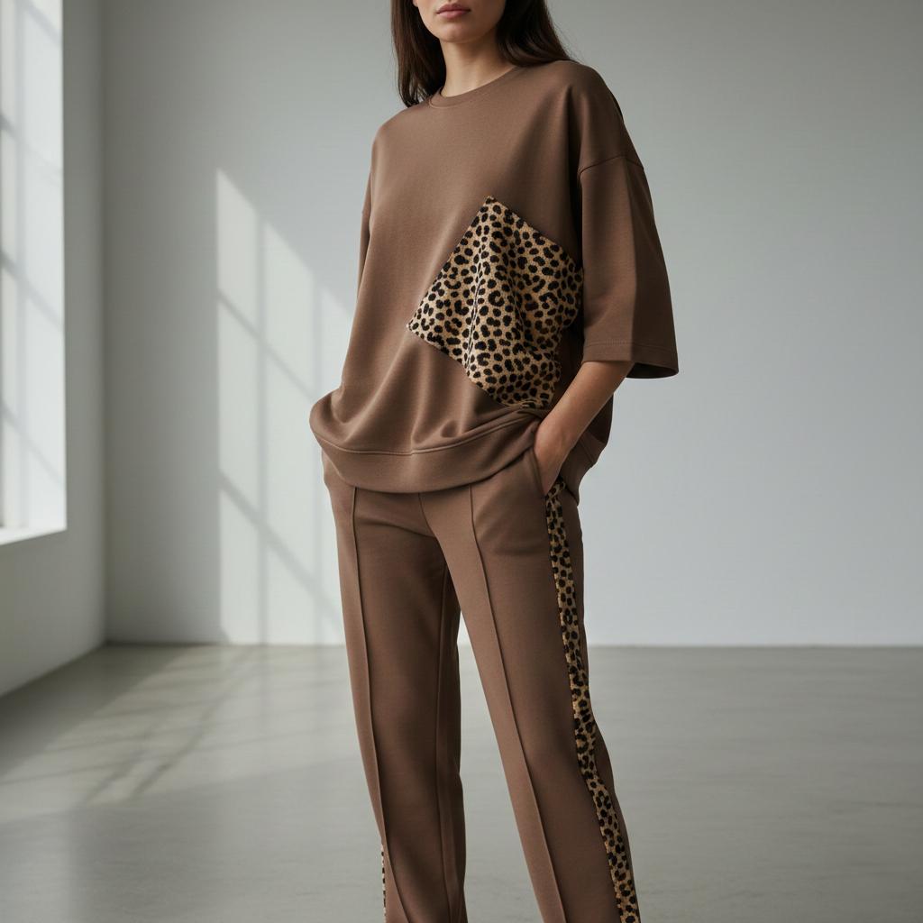 Caramel Brown Colour Women's Co-Ord Set with Leapord Print