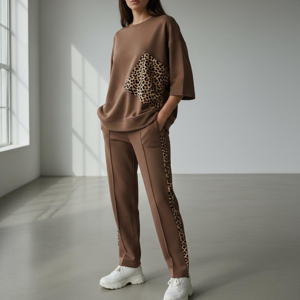 Caramel Brown Colour Women's Co-Ord Set with Leapord Print