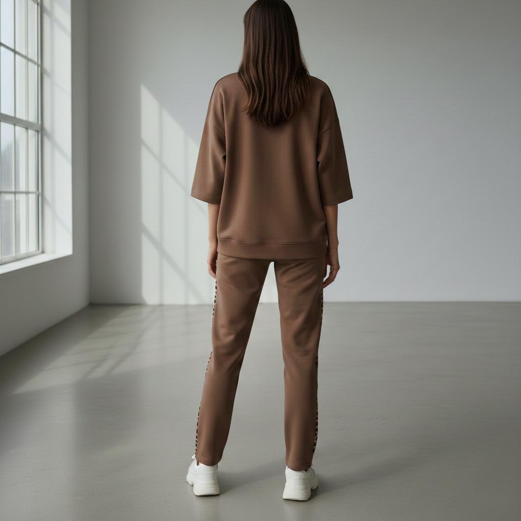 Caramel Brown Colour Women's Co-Ord Set with Leapord Print