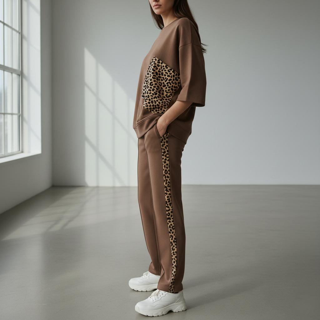 Caramel Brown Colour Women's Co-Ord Set with Leapord Print